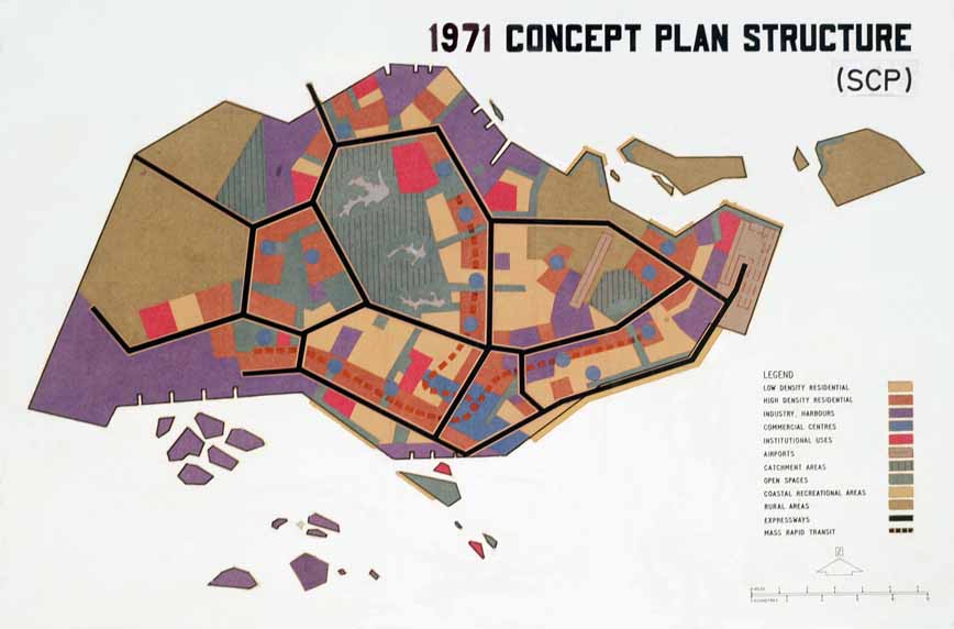 1971 Concept Plan Structure of Singapore, showing land use zones like residential, industrial, and recreational areas, as indicated by a color-coded legend.